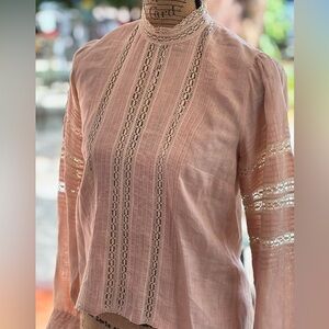 Vintage Beige Crochet Lace Trim Linen Blouse